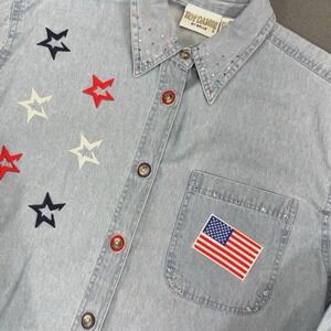 Vtg 90's Embroidered Denim Shirt Sz M Button Up L/S‎ Patriotic 4th July USA